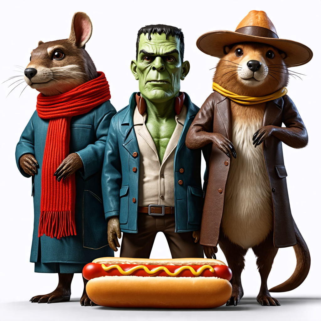 hot dog, whale, frankenstein, scarf, beaver